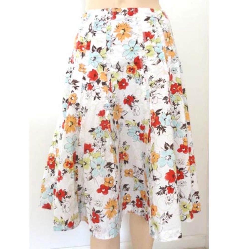 CAbi Palapa Pleated Floral Midi Skirt 100% Cotton